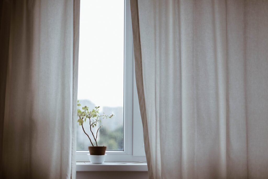 A window with white curtains and a potted plant.
